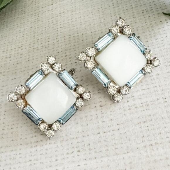 Coro Jewelry - Vintage Coro rhinestone & thermoset plastic square clipback earrings blue white